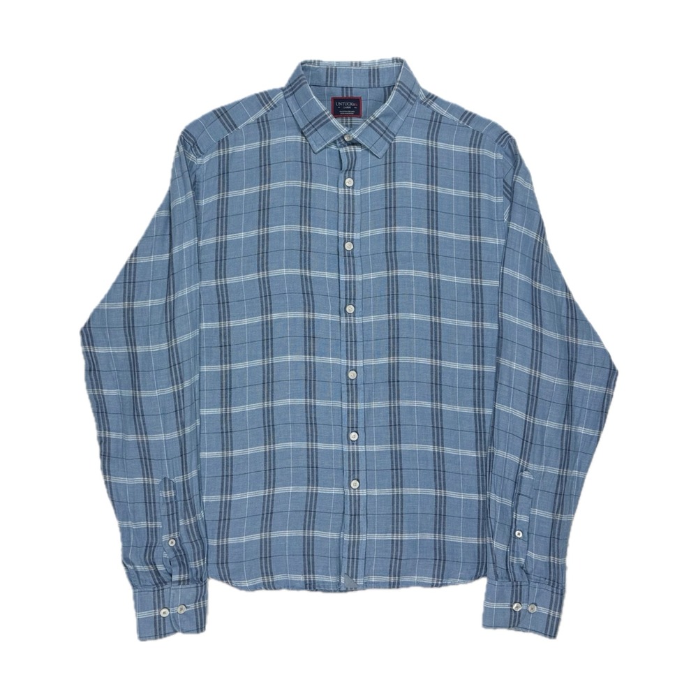 Untuckit linen blend light blue plaid button up shirt mens large